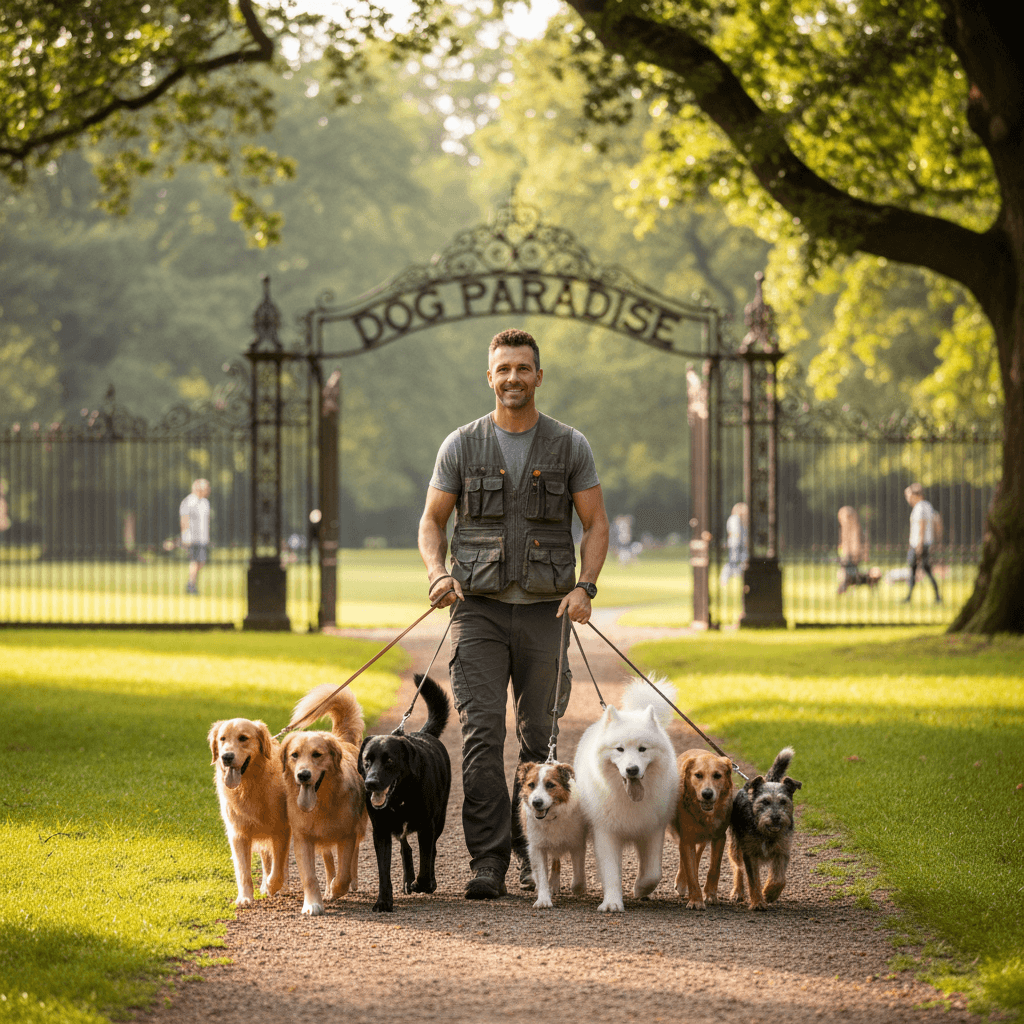 Handler leading group on adventure walk