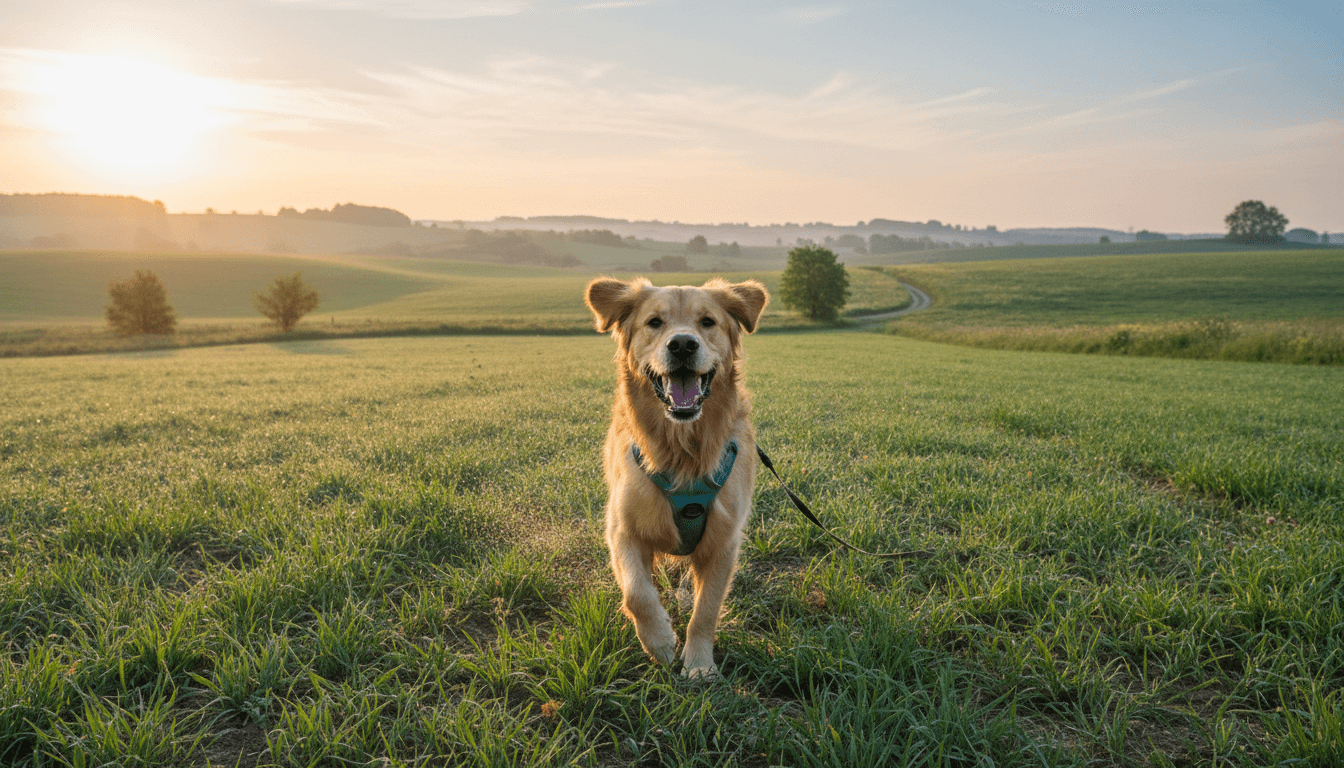 Happy dog enjoying a morning adventure walk in a private field