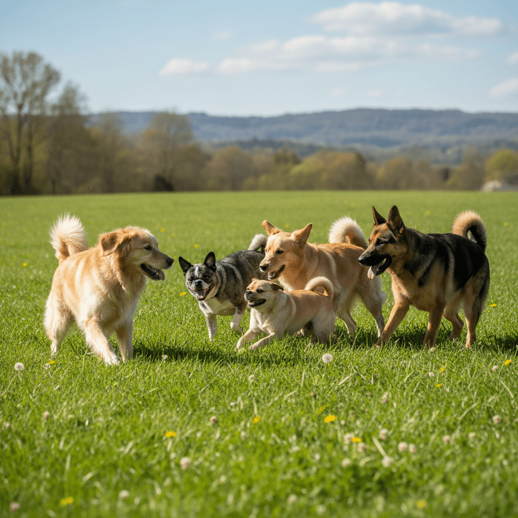 Dogs playing together in private field