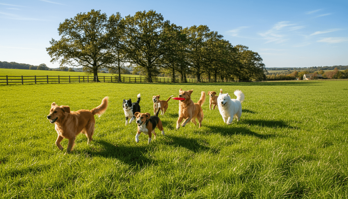 Happy dogs playing together in a sunny private field during morning adventure walk
