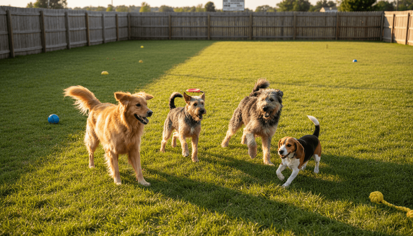 Happy dogs playing together in a sunny outdoor field