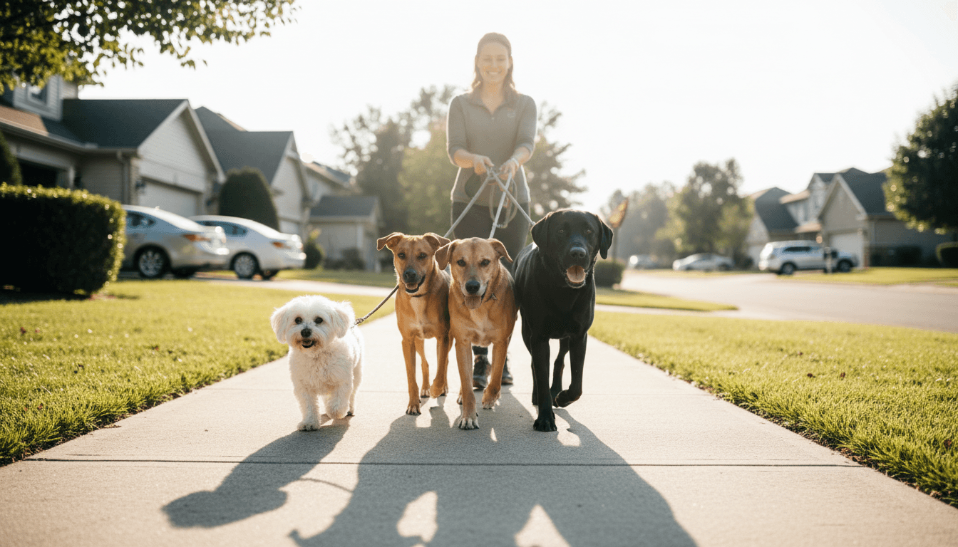 Professional dog walker with group of dogs