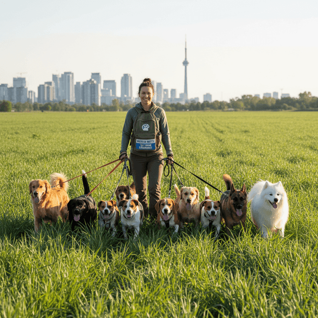 Woman walking ten dogs in a grassy field with the Toronto skyline in the distance.